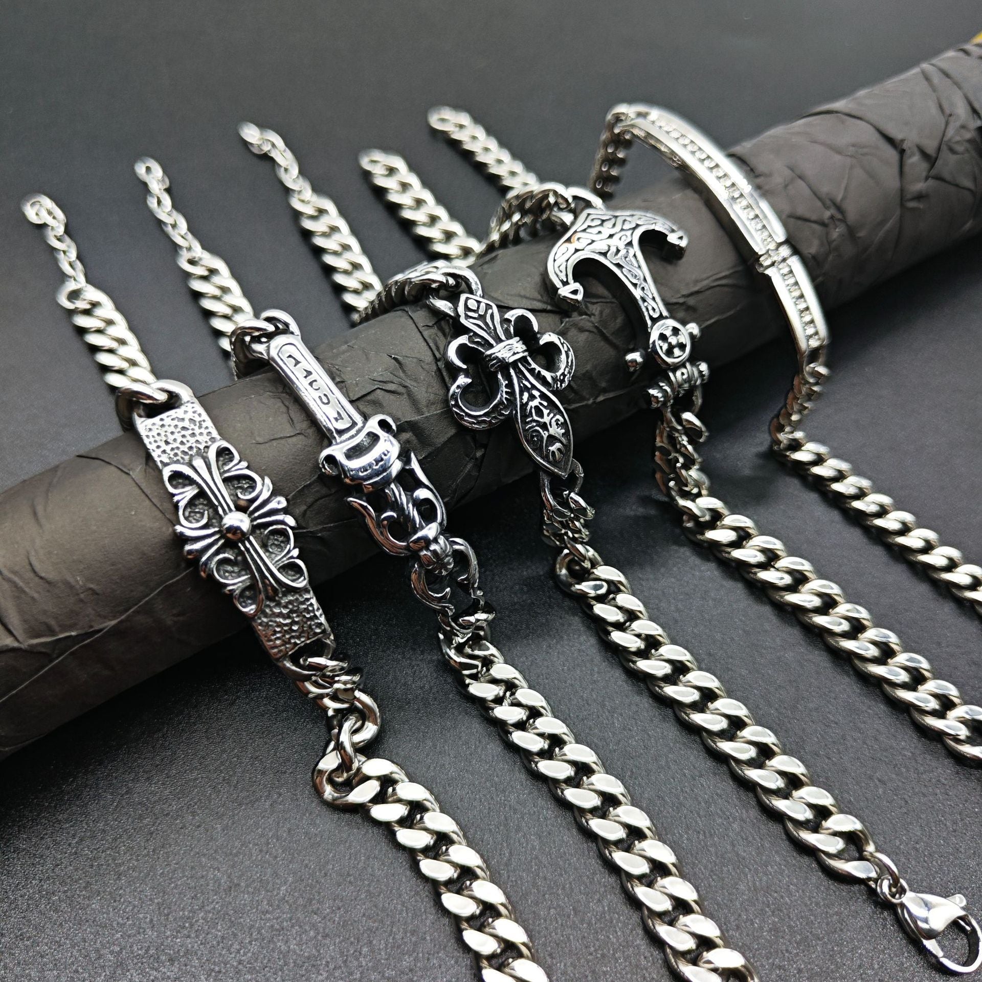 Chrome Hearts Silver Cuban chain curved bracelet