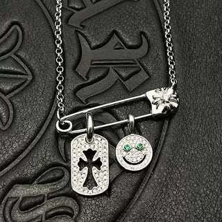 Chrome Hearts Silver Tag Smiley Face Diamond-Inlaid Pin Necklace