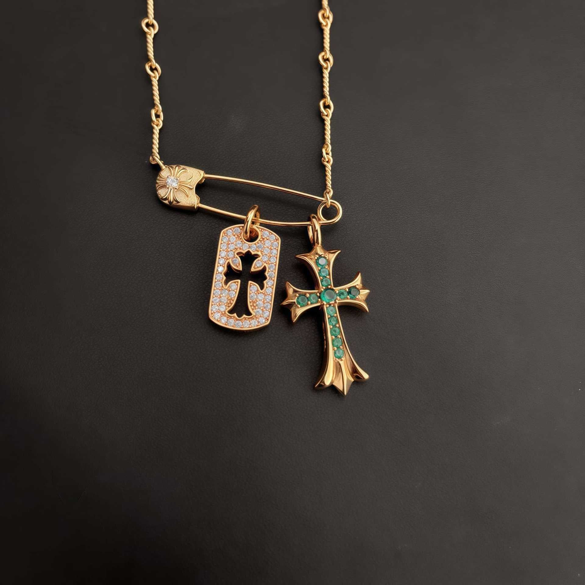 Chrome Hearts brooch full diamond square gold cross necklace