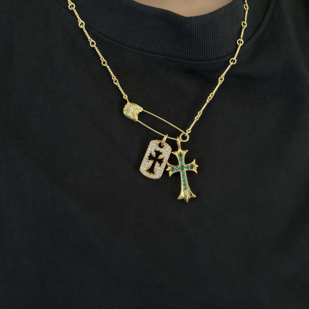 Chrome Hearts brooch full diamond square gold cross necklace