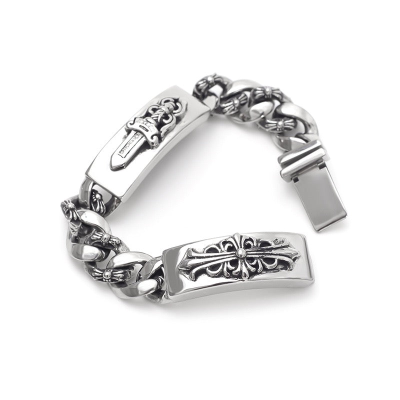Chrome Hearts Dagger Cross Double Id Fancy Link Bracelet 8